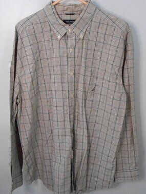 Nautica Men's Brown & Navy Plaid Button Down Collared Long Sleeve Shirt Size-XXL